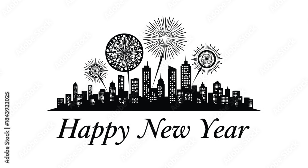 Fototapeta premium City skyline with fireworks and happy new year text black and white