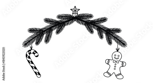 Festive christmas decoration with pine branches candy cane and gingerbread man