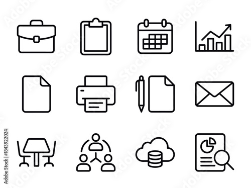 Collection of Business and Office Related Icons in Outline Style.