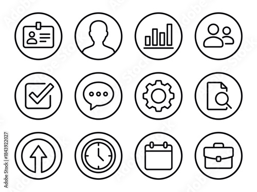 Collection of Business and Technology Icons in Circular Frames.