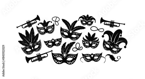 Black and white illustration of mardi gras masks trumpets and festive elements