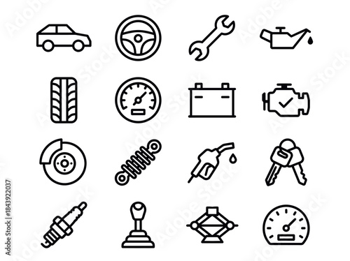 Collection of Car Parts and Tools Icons for Automotive Services.