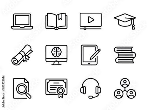 Collection of education and learning icons representing online courses and knowledge.