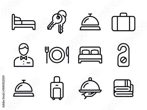 Collection of Hotel and Hospitality Icons for Services and Amenities.