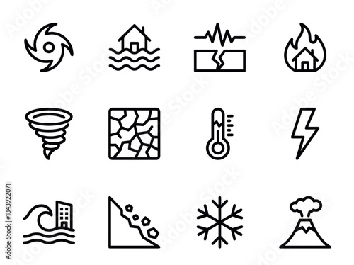Collection of Natural Disaster and Weather Icons Representing Various Hazards.