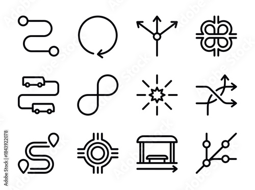 Collection of navigation and transportation icons representing routes and directions.
