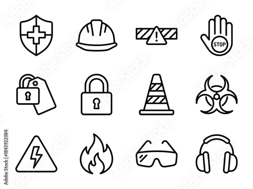 Collection of Safety and Warning Icons in Outline Style.