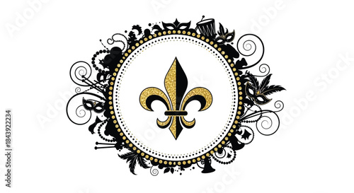 Elegant fleur de lis design with ornate black and gold carnival mask frame