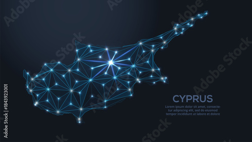 Low-poly vector map of Cyprus featuring glowing city lights and population density illustrated through star-like dots and cosmic shapes.