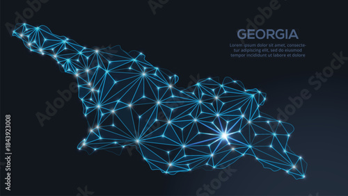 Low-poly vector map of Georgia featuring glowing city lights and population density illustrated through star-like dots and cosmic shapes.