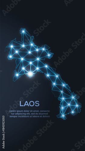Low-poly vector map of Laos featuring glowing city lights and population density illustrated through star-like dots and cosmic shapes.