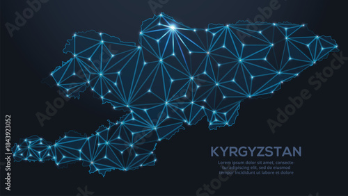 Low-poly vector map of Kyrgyzstan featuring glowing city lights and population density illustrated through star-like dots and cosmic shapes.