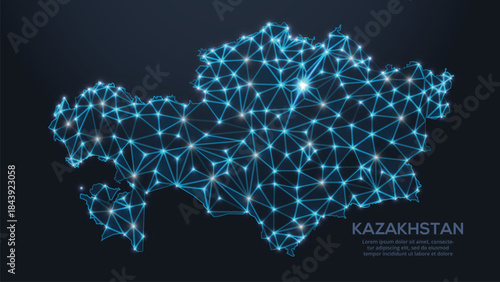 Low-poly vector map of Kazakhstan featuring glowing city lights and population density illustrated through star-like dots and cosmic shapes.