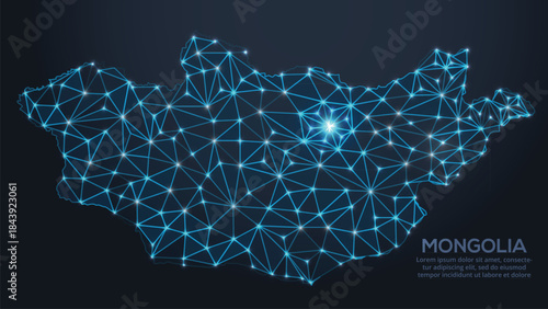 Low-poly vector map of Mongolia featuring glowing city lights and population density illustrated through star-like dots and cosmic shapes.