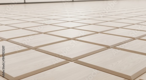 Elevated perspective of sprung floor panels systematically connected in a grid ready for ballet or contemporary dance rehearsals.