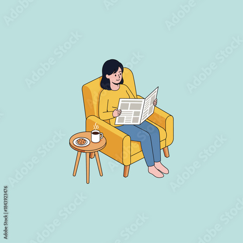 Reading newspaper with coffee icon flat vector design.
