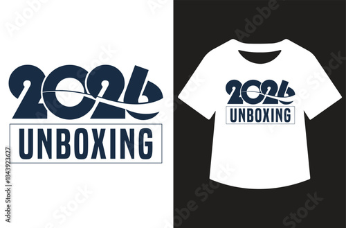 Bold navy “2026 Unboxing” typography t‑shirt design, modern motivational slogan for fresh start in new year, clean vector layout, isolated on white, ideal for merchandise.