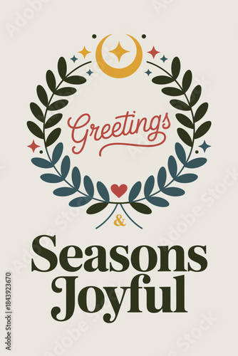 Festive seasons joyful greeting card with minimalist wreath and celestial elements