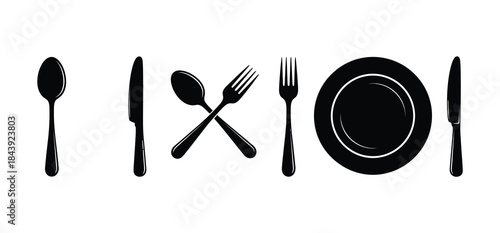 Black silhouettes of cutlery and plate on
