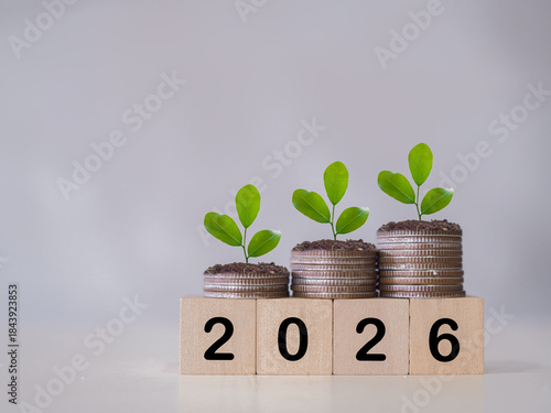 Wooden blocks with the number 2026 and plants growing up on stack of coins. The concept of saving money, Financial, Investment and Business growing in year 2026.