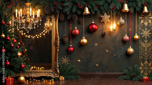Luxury Christmas setup with gold chandelier, antique mirror, decorated fir tree, red gold baubles, bells, pine cones, holly berries on dark green wall, horizontal photo for holiday banners, wallpapers