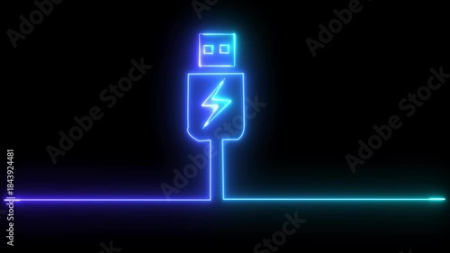 Abstract neon USB blue color port icon set. computer blue color ,USB socket data cable symbol. connect external device USB sign. isolated on black background 4k video .