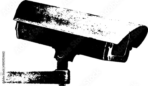 Black and white stencil illustration of a rugged cctv camera for urban art projects