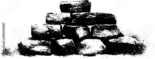 Black and white stencil illustration of rugged eroded block formation for urban art projects