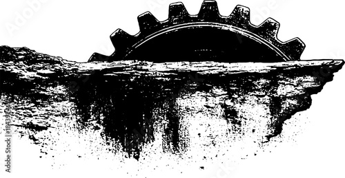 Black and white stencil gearwheel with textured edge design for industrial themes