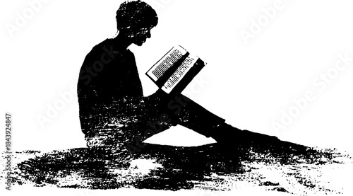 Black and white stencil illustration of a seated reader absorbed in a book