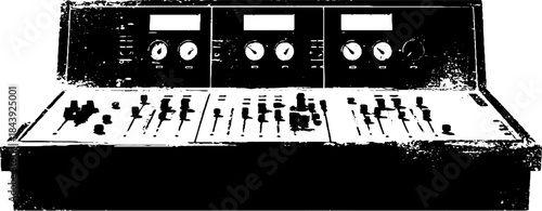 Black and white stencil illustration of vintage audio mixer with dials and faders