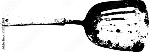 Black and white stencil illustration of a slotted kitchen spatula for culinary decor and design