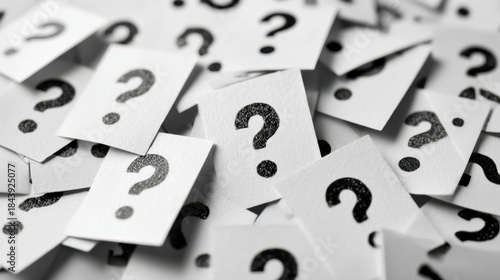 Numerous small cards scattered randomly featuring prominent black question marks representing confusion, curiosity, and the search for answers in monochrome tones