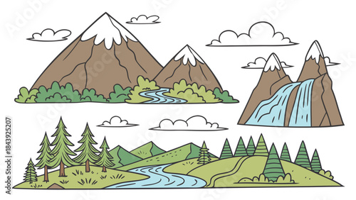 Vector illustration a scenic landscape with mountains, waterfalls, and a river flowing through a valley with trees and clouds in the sky