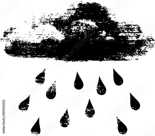 Black and white grunge cloud with raindrops stencil illustration