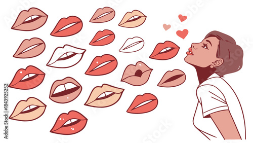 Vector illustration woman blowing kisses with various colorful lips