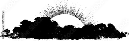 Black and white stencil illustration of a spreading ink sunburst with rough textures