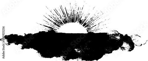 Monochrome stencil illustration of rising sun with spreading ink