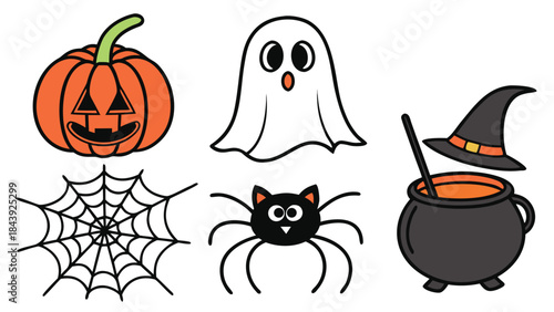 Vector illustration halloween icons including pumpkin, ghost, spider web, black cat, and witchs cauldron