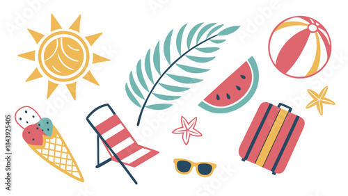 Vector illustration colorful summer vacation icons including beach ball and sunglasses