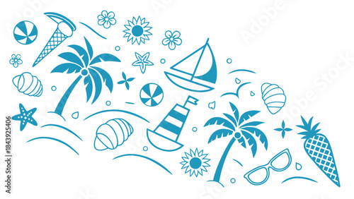 Vector illustration teal beach icons including palm trees and summer objects on