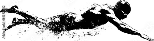 Dynamic swimmer silhouette in black and white stencil style for sports art