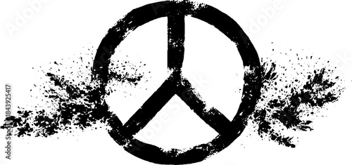 Black and white grunge peace symbol with splatter effect for urban art design
