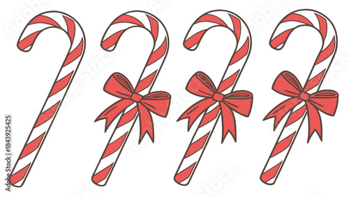 Vector illustration four red and white striped candy canes with bows on