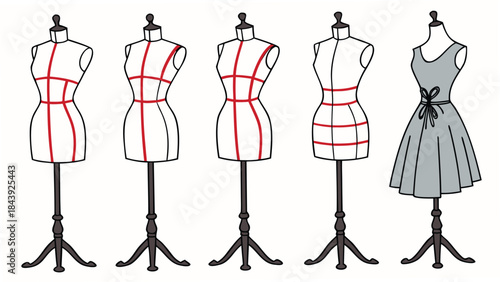 Vector illustration fashion design dress forms with red lines on white mannequins