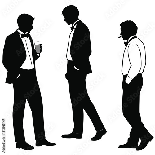 Vector illustration silhouettes of three men in tuxedos talking and socializing
