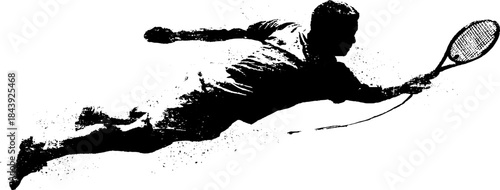 Dynamic tennis swing in black and white stencil art illustration