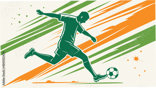 Vector illustration green silhouette of a soccer player kicking a ball with orange and green streaks