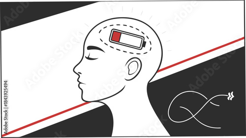 Vector illustration a vector illustration of a human head with a battery symbol on the forehead, representing mental energy or power