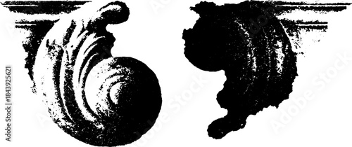 Black and white stencil illustration of torn ornamental elements